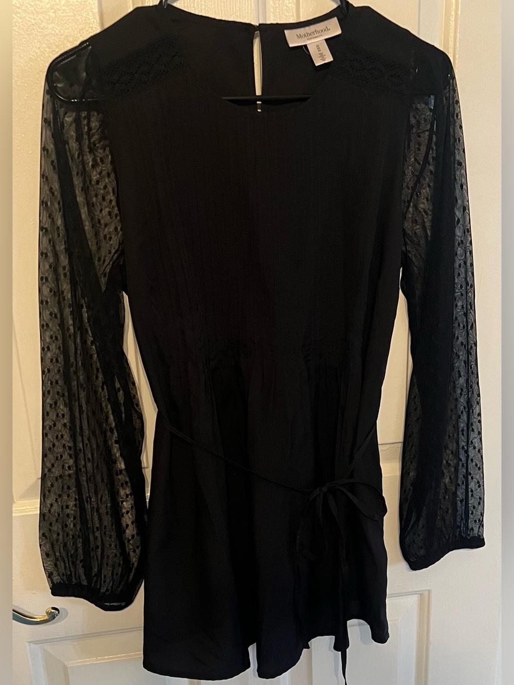 Motherhood Maternity Black Mini Dress Chiffon Fabric Sheer Swiss Dot Sleeves Med